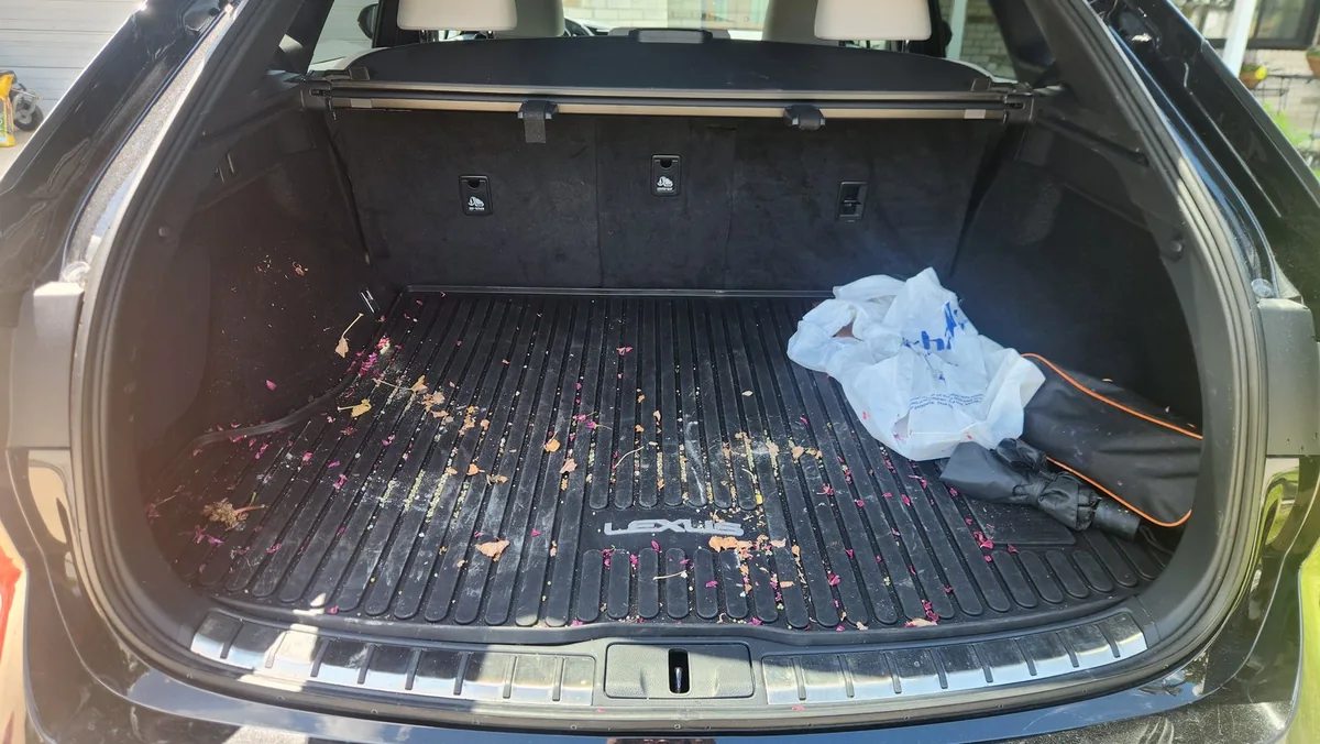 Cargo area before interior cleaning with debris on the mat