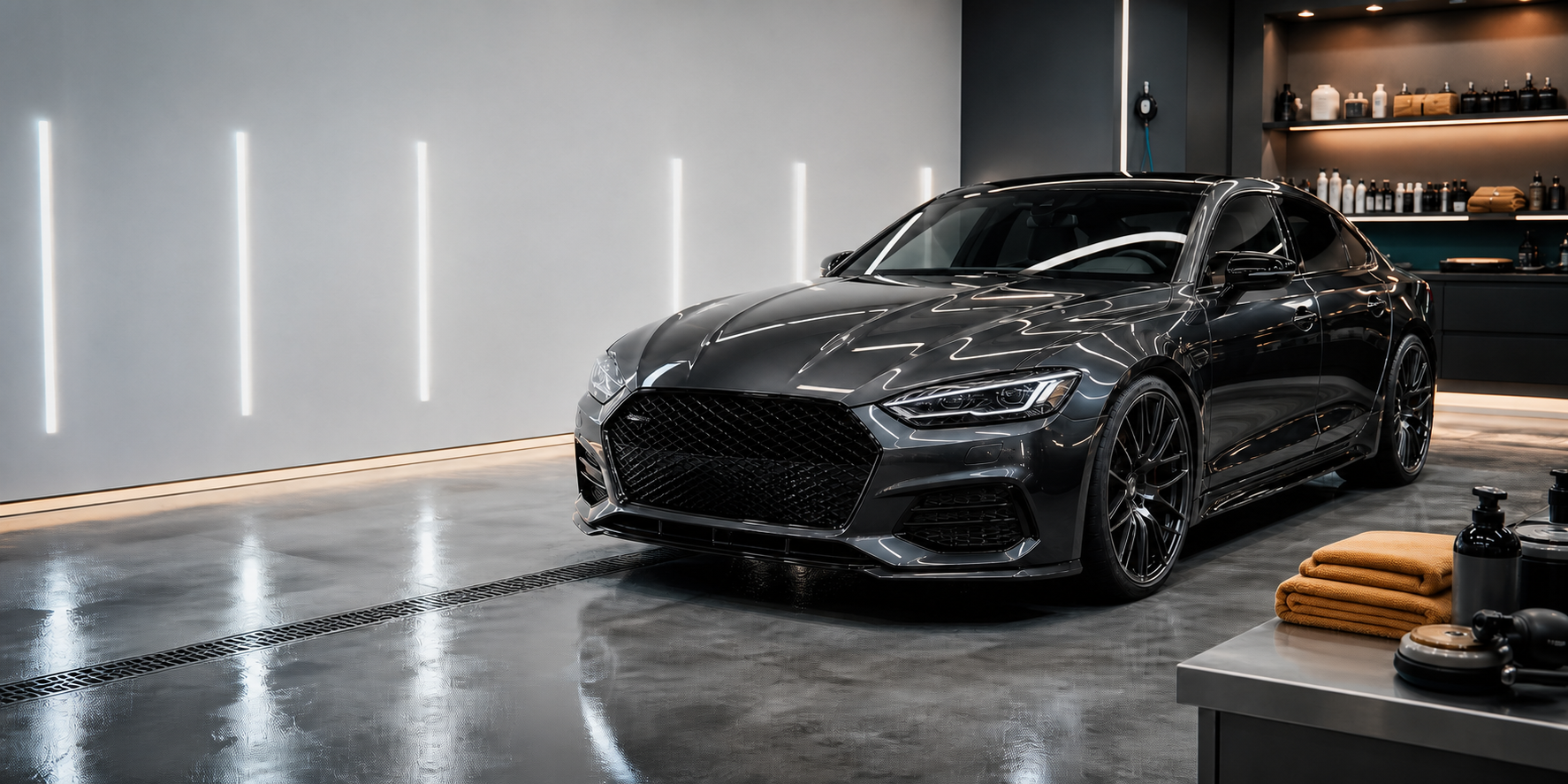 Freshly detailed sedan in a modern detailing bay